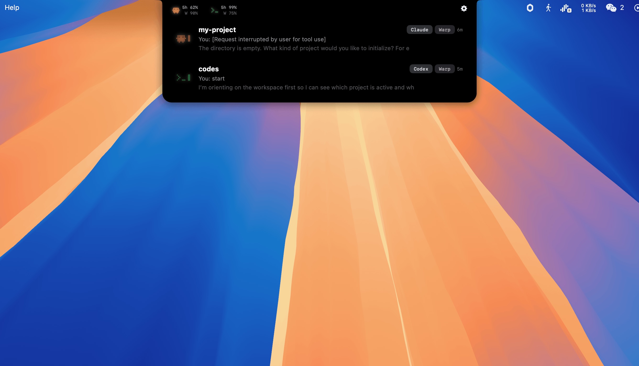 Coder Island expanded panel showing sessions